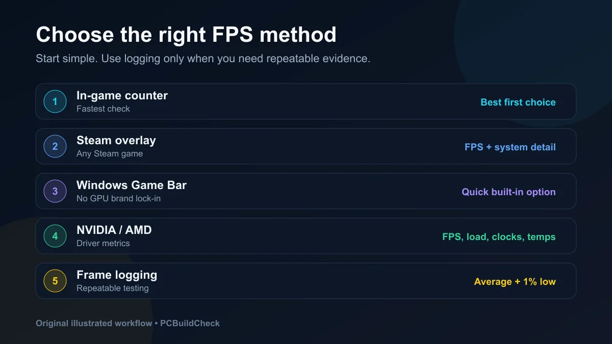 Original PCBuildCheck method selector showing which FPS tool fits each testing goal