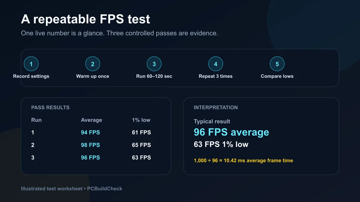 Original PCBuildCheck worksheet for a repeatable three-pass FPS test
